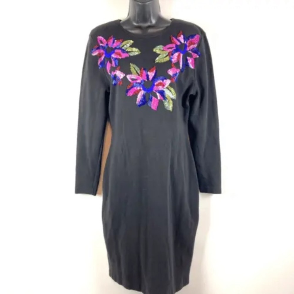 Carole Little S Dress Black cotton knit modest Sequin Floral Cocktail midi